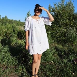Upcycled White Tablecloth Mini Dress Puffed Sleeves Eyelet M • L
